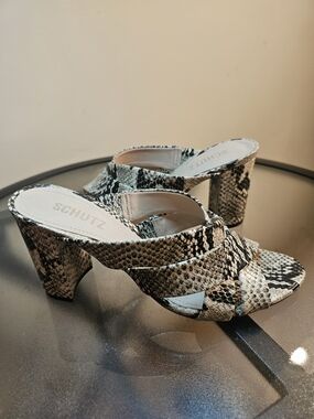 Schutz Women's Snake Print Slide Heels in Neutral